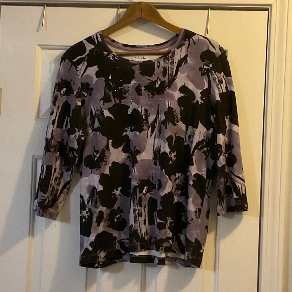 Nicole Miller Black and Purple Floral Long Sleeve Top